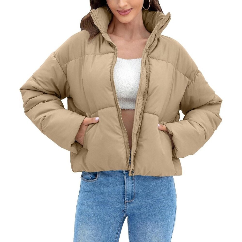 Women’s Jacket Puffer Quilted Jackets Long Sleeve Stand Collar Zipper Coat Khaki